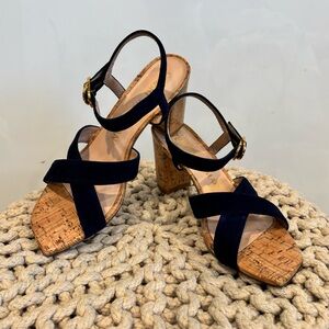 Stuart Weitzman Navy Suede Cork Block Heel Sandals